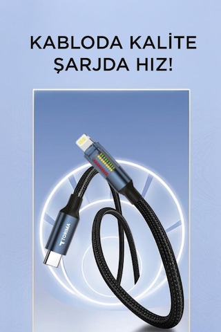 Torima U21 Type-c To Lightning 27 W Led Ekranlı Dayanıklı Örgü Hızlı Şarj Kablosu Siyah