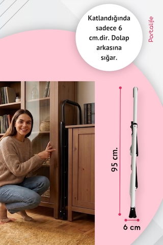 Portalife 2 Basamaklı Uzun Tutacaklı Şık Beyaz Çelik Merdiven - Katlanır 100 Cm'ye Kadar