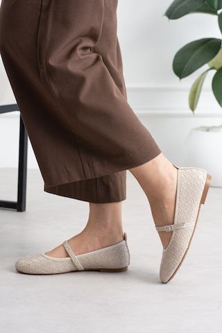 Shoetek Sawra Kadın Babet Önden Bantlı Tokalı Örgü Desenli Bej Deri Bej Kroko