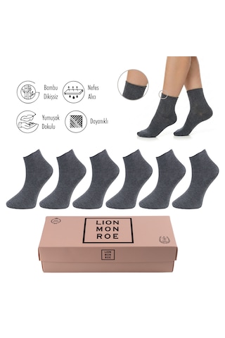 Lion Monroe Saf Bambu Kadın Lastiksiz Gri Melanj Soket Dikişsiz Premium Çorap Kutulu 6'lı / Iz Bırakmaz / Sıkmayan Çorap L5952az