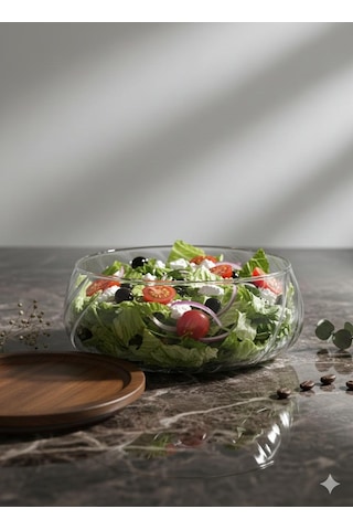 Morponi Borosilikat Cam Lüks Akasya Kapaklı Cam Kase - Sunumluk-salata Kasesi Dalgalı 22 Cm Şeffaf