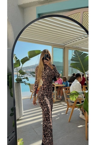 Moderie Butik Kadın Leopar Desenli Sırt Dekoltelı Maxı Boy Elbise S