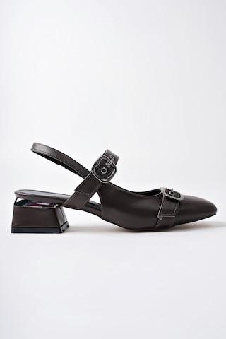 Muggo Yuqi Arkası Açık Küt Burun Çift Kemerli Kadın Günlük Klasik Kısa Topuklu Ayakkabı Kahverengi