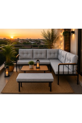 Riva Metal Bahçe Balkon Köşe Takımı Siyah Boyalı İskelet Keten Kumaş Süngerli 180x120 Cm Açık Gri