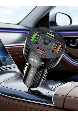 Super Şarj 4 Port Pd25w, Qc3.0, Araç Şarjı Çakmaklık, 2x Usb 2x Type-c, Çoklayıcı, 12-24v, 5v/6a Max