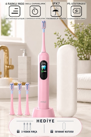 Mioji Oral B8 Care Şarj Edilebilir Diş Fırçası Pembe + 3 Yedek Başlık ve Taşıma Çantası