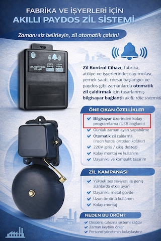 İşyeri Fabrika Paydos Mola Zil Otomasyonu Usb Bağlantılı Zil Rölesi Ve Kampana Zil