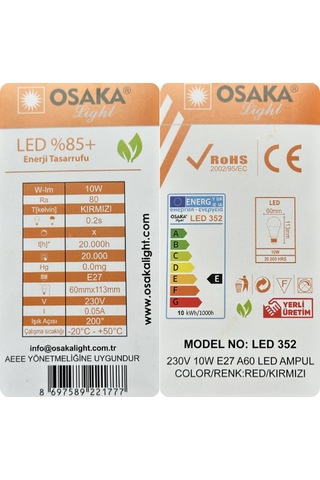 10 Adet Osaka 10w Kırmızı Işık E27 Duylu Kalın Duy Led Ampul