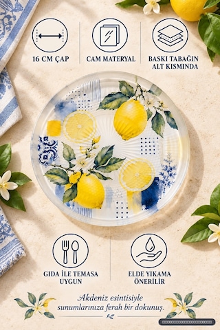 6 Lı Cam Tatlı Tabağı Limon Desenli Mavi Akdeniz Esintili 16 Cm, 6 Adet Tatlı Tabağı
