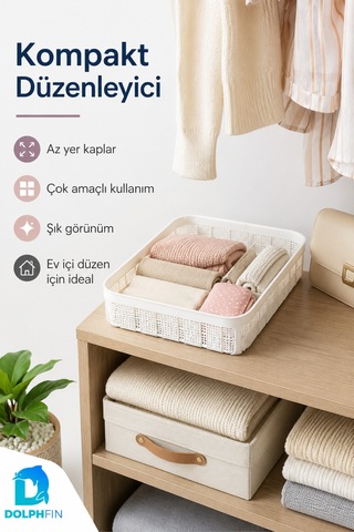 Jute Çok Amaçlı Sepet 2,5 L Mutfak Banyo Dolap İçi Saklama Organizeri 25x19x6,5 Cm beyaz