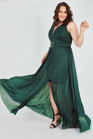 Ladies First Büyük Beden 3494 Zümrüt Uzun Abiye Elbise 001