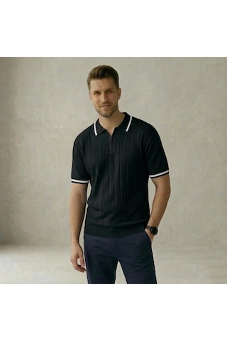 Fermuarlı Polo Yaka Kısa Kollu Triko T-shirt SIYAH