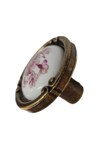 Porselen Düğme Kulp Metal Antiksarı Beyaz Motifli 02 / 5 Adet Sarı