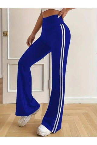 Supplierby Kadın Yüksek Bel Yanlar Şerit Detaylı Ispanyol Paçalı Dalgıç Pantolon Saks Mavi