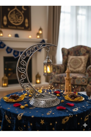 Dekoratif 28 Cm Hilal Eskitme Gümüş Ramazan Led Lamba 10 Cm Kancalı Set Diğer