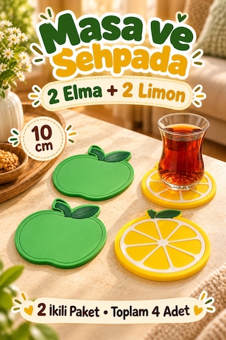 4'lü Elma Limon Desenli Bardak Altlığı Set 10cm Kahve Çay Fincan Altlığı Renkli Masa Sunum Aksesuarı Çok Renkli