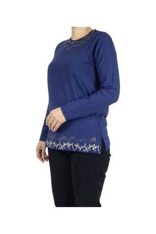 Kadın Yaka Ve Etek Desenli Taşlı Likralı Bluz-arpbattal2 Mavi