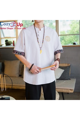 Rahat Up Çin Tarzı 1/2 Kollu Casual Gömlek Erkek İnce Stand Yaka Nakış Pamuk Ve Keten Beyaz