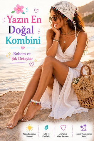 Kadın El Örgüsü Üçgen Bandana Halhal Ayak Bilekliği Hediyeli Bohem Yazlık Saç Bandanası Plaj Tatil Festival Aksesuarı Beyaz