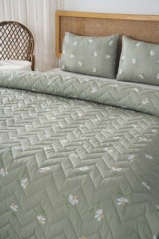 Yeşil Papatya Çift Kişilik Pamuklu Kapitone Pike & Yatak Örtüsü Yeşil