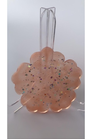 Turuncu Gümüş Glitterli Çiçek Desen Epoksi Bardak Altlığı Turuncu