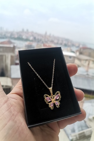 Ervanur Altın Kaplama Pembe Zirkon Taşlı Kelebek Kolye Altın