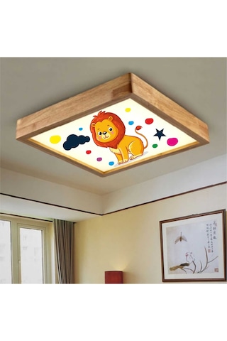 Ahşap Çerçeve Tavan Led Aydınlatma Avize 60X60Cm Aslan Beyaz