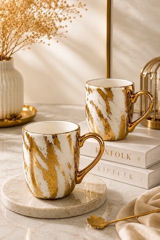 2 Li Porselen Gold Detaylı Yaldızlı Kırçıl Kupa Bardak 220ml