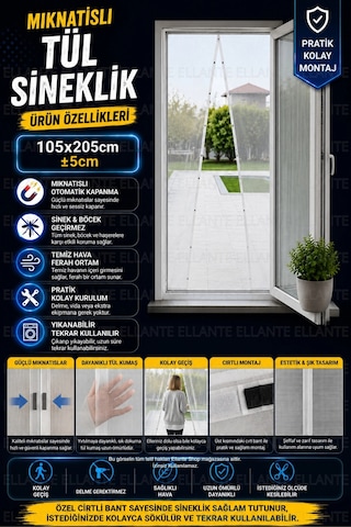 Mıknatıslı Tül Sineklik 105x205 Cm 5 Cm Kapı Sinekliği Otomatik Kapanan Manyetik Sistem Sinek V