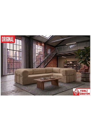 Herev Max 300x200 Kk Köşe Koltuk Takımı / Fitilli Kadife Kumaşlı Şark Köşe Bej
