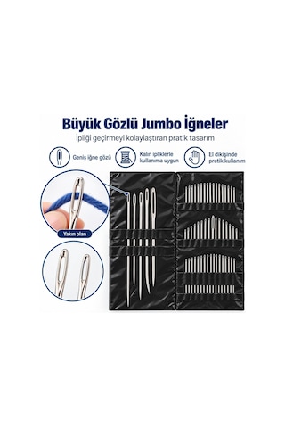 Tr Store 55 Parça El Dikiş İğnesi Seti, Farklı Boylarda Büyük Gözlü İğneler, Deri, Nakış, Kanaviçe, Yorgan
