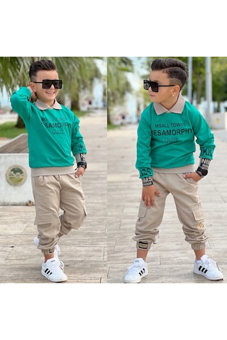 Modavals Gömlek Yaka Sweatshırt Ve Gabardin Kargo Pantolon Erkek Çocuk Kombin Yeşil
