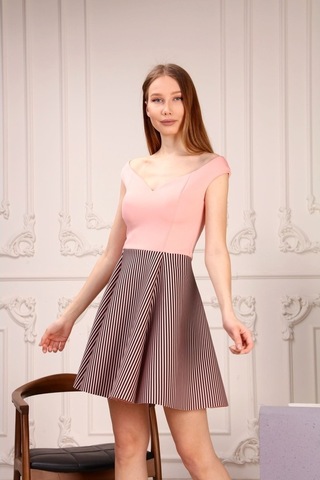 Aymeravm - Eteği Çizgili Kadın Elbise - Gsp3106Ga Pudra