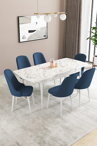 Familieconcept Almira Serisi, Beyaz Mermer Desen 80x132 Açılabilir Mdf Mutfak Masası Takımı 6 Adet Sandalye Lacivert