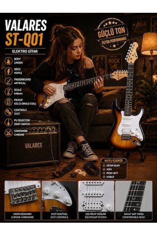 Valares St-q01 Leektro Gitar Üst Seviye Sahne Performansı Full Aksesuar Hediyeli Sunburst