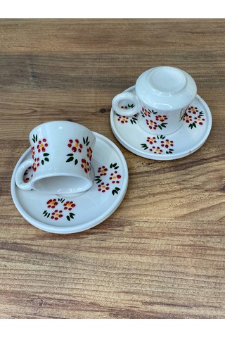 Kırmızı Çiçek Desenli El Yapımı Seramik Kupa, Mug, Türk Kahvesi