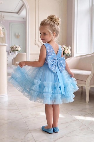 Butik Happy Kids Kız Çocuk Turkuaz Payetli Volanlı Tüllü Prenses Abiye Elbise 1-6 Yaş
