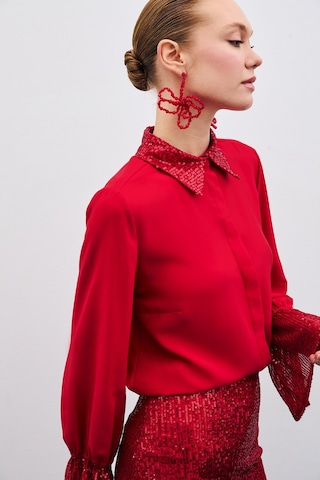 Sateen Payet Detaylı Gömlek - Kırmızı-135617 Kırmızı