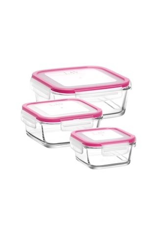 Lav Fresco Cam Saklama Kabı Seti 3'lü Pembe Kilitli Kapak (1 Küçük, 1 Orta, 1 Büyük Saklama Kabı)