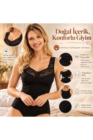 Genel Kadın Pamuklu Dantelli Kare Yaka Atlet Siyah Beyaz Kalın Askılı Şık Rahat Günlük İç Giyim At