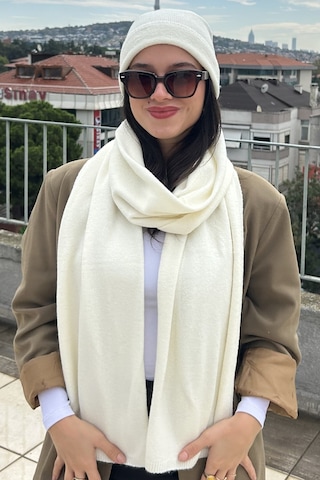 Mollycrush Kadın Kışlık Ekru Atkı Bere Seti Şık Örgü Set Ekru