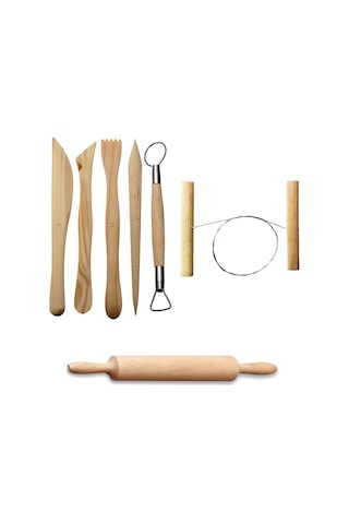 Ebeşuar Seti 5'li Kil Şekillendirme Seti Çamur Kesme Teli Ahşap Merdane Oyun Hamuru Merdanesi