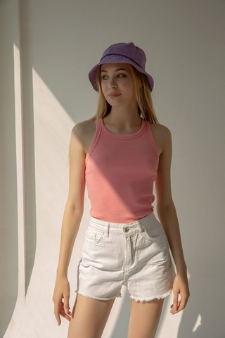 Kadın Yavruağzı Fitilli T-shirt Halter Yaka Örme Atlet Yavruağzı