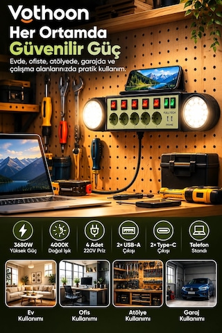 Akıllı Masaüstü Duvar Tipi Akım Korumalı 5 Li Priz 3680w Led Işıklı Usb-a Type-c Telefon Standlı 1