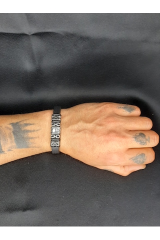 Unisex Suni Deri Metal Detaylı El Yapımı Bileklik Siyah