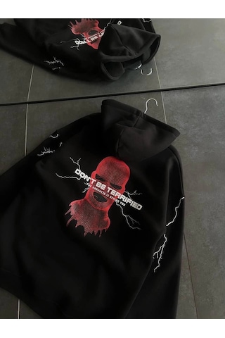 Moda Assema Kadın Üç İplik Kapüşonlu Baskılı Oversize Sweatshirt- Siyah Çok Renkli