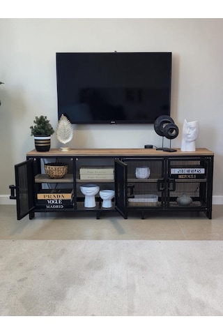 Dekoratif Metal Gövdeli Ahşap Raflı Tv Ünitesi 3 Raflı 4 Kapaklı Tv Sehpası 150 X 36 Cm Televizyon Ünitesi Siyah