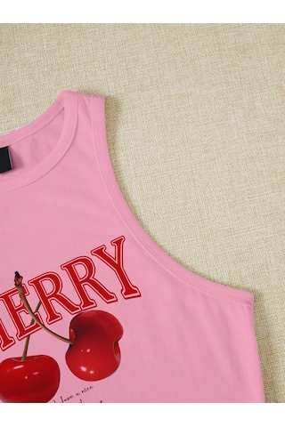 Afri Kadın Pembe "Cherry" Baskılı Kolsuz Crop Atlet - Yazlık Sokak Stili Pembe