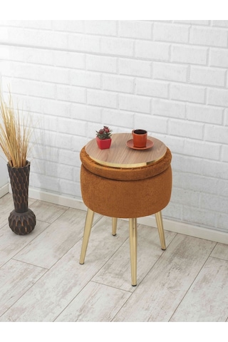 Bella Metal Ayaklı Sehpalı Teddy Kumaş Sehpa&puf Altın - Turuncu