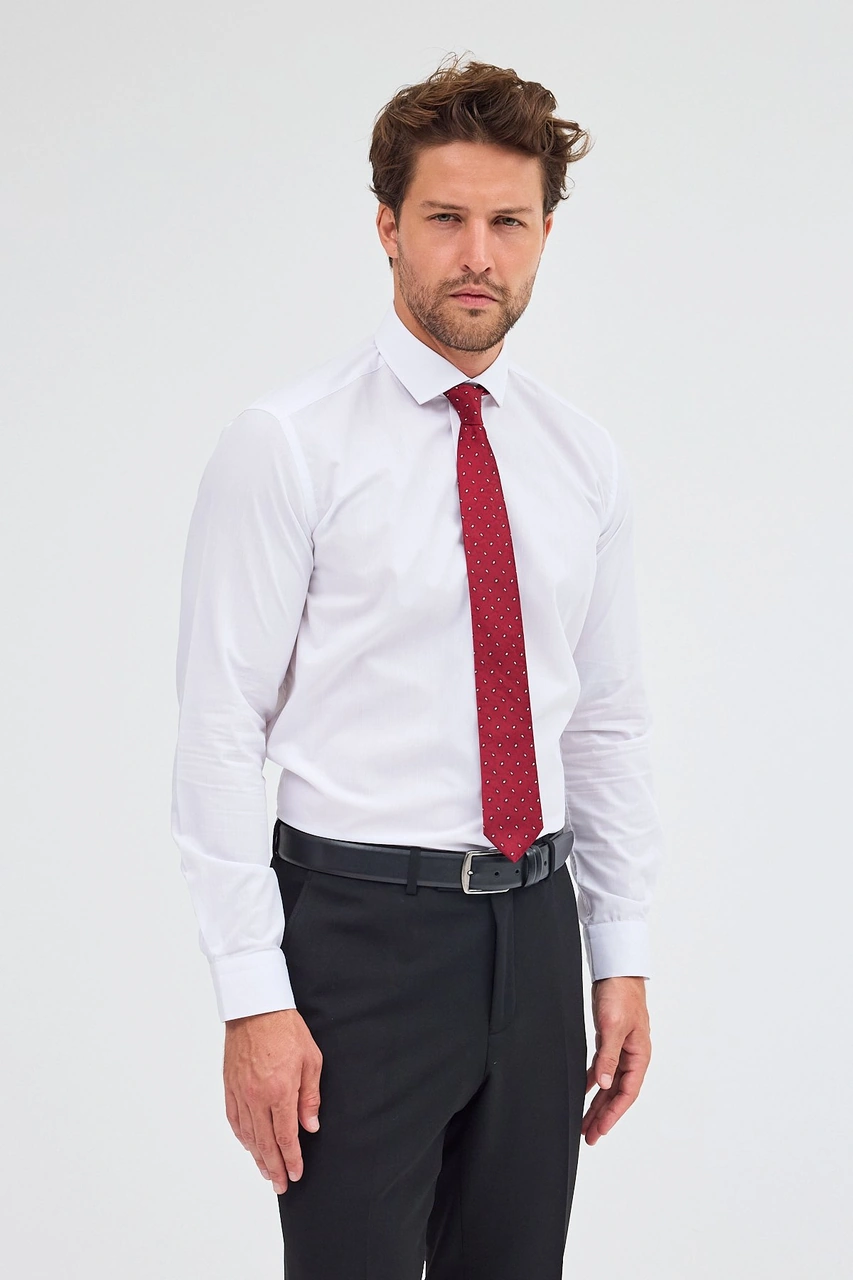 İmza Beyaz Yarım İtalyan Yaka Uzun Kol Easy To Iron Slim Fit Pamuklu Gömlek 1004255301 Beyaz